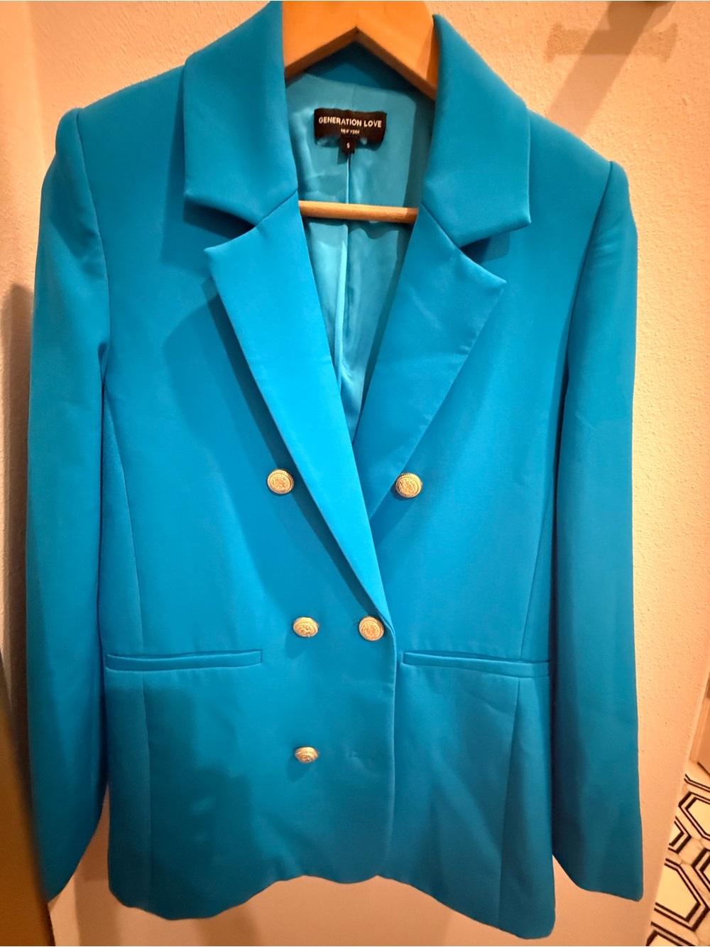 Generation Love Bright Turquoise Double-Breasted Blazer with Gold Buttons
